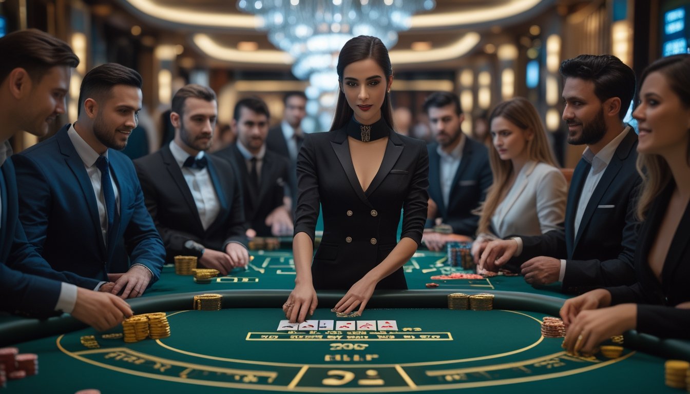 Seorang dealer profesional sedang membagikan kartu di meja baccarat VIP dengan beberapa pemain berpakaian rapi yang fokus bermain di sebuah kasino mewah.
