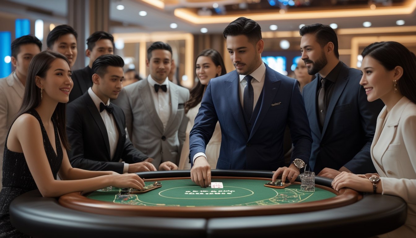 Seorang dealer profesional membagikan kartu di meja baccarat VIP dengan beberapa pemain yang fokus dan bersemangat di lingkungan kasino mewah.