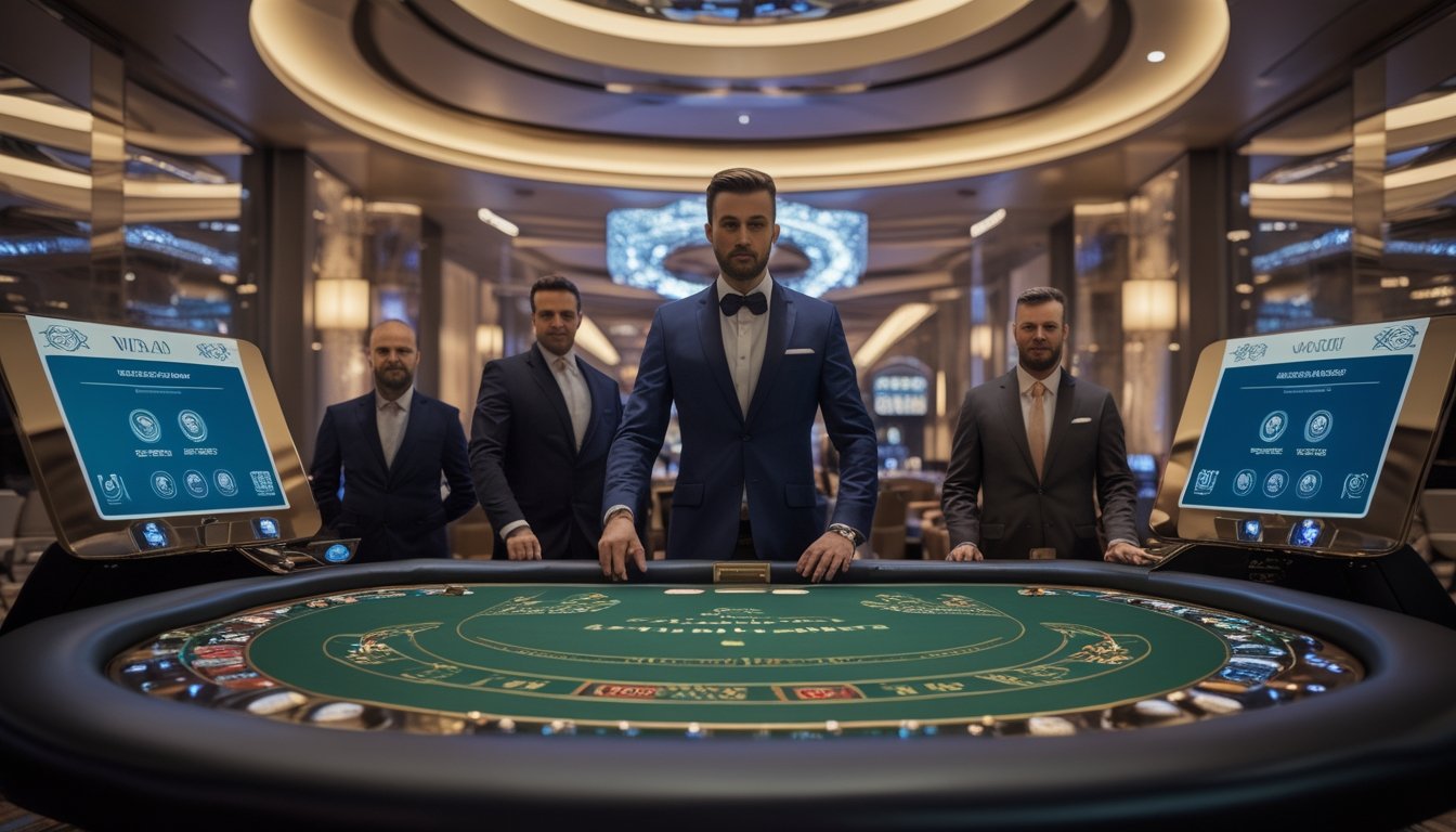 Meja baccarat VIP mewah dengan pemain dan dealer profesional dalam suasana kasino yang modern dan aman.