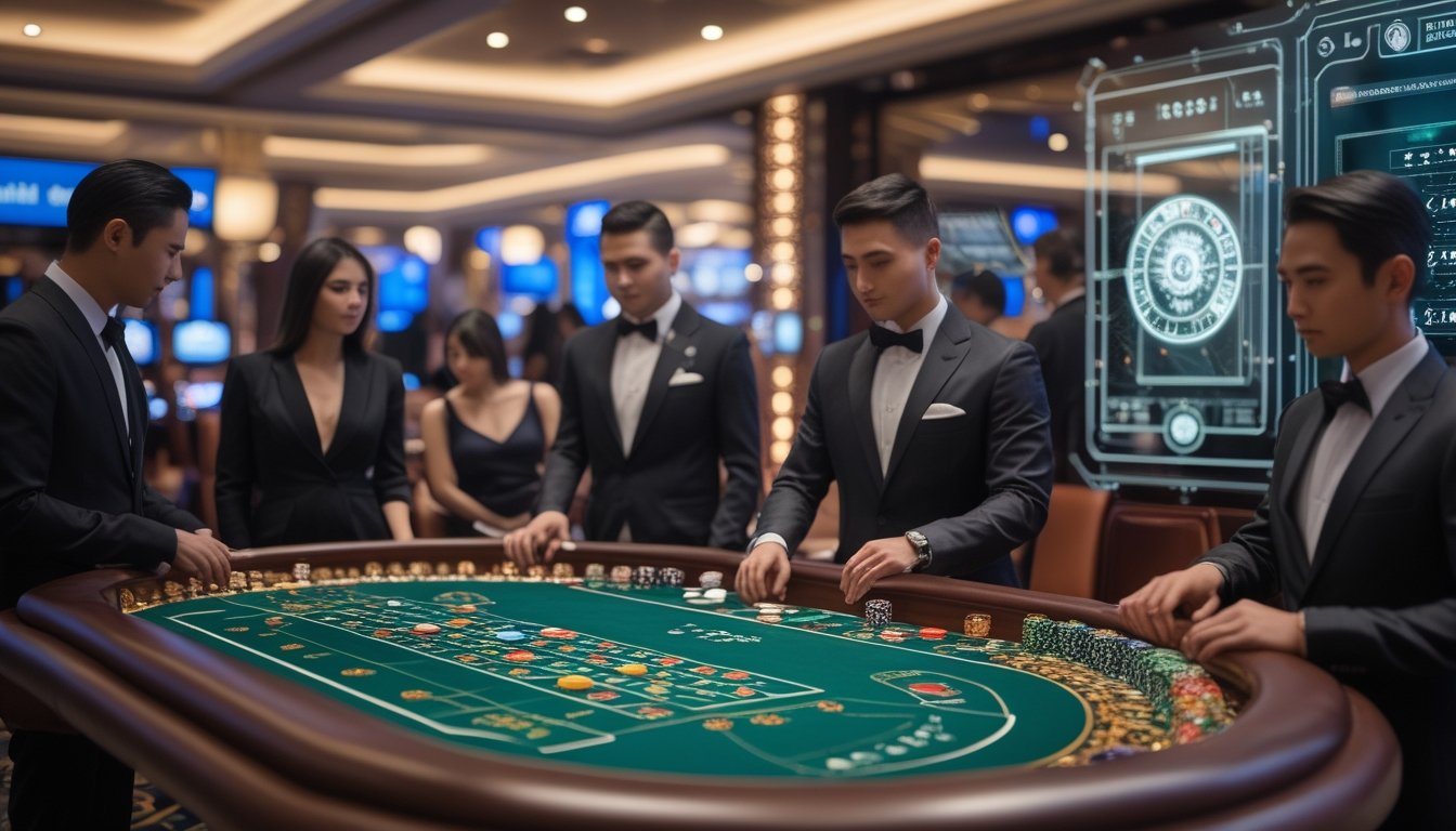 Meja VIP baccarat mewah dengan pemain berpakaian formal dan dealer, menampilkan elemen keamanan digital canggih di latar belakang.