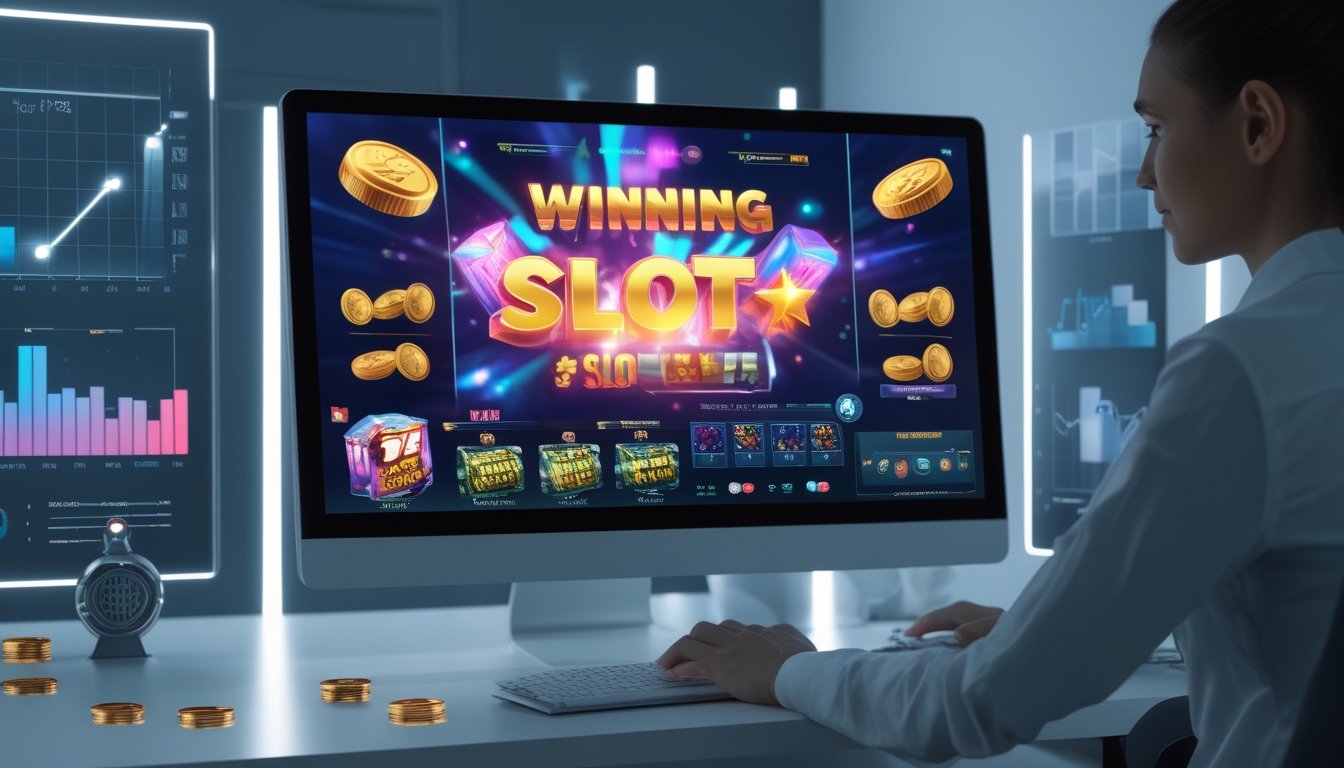 Seorang pengguna di depan komputer dengan layar menampilkan permainan slot online yang penuh warna dan simbol kemenangan, di meja terdapat koin dan grafik naik.