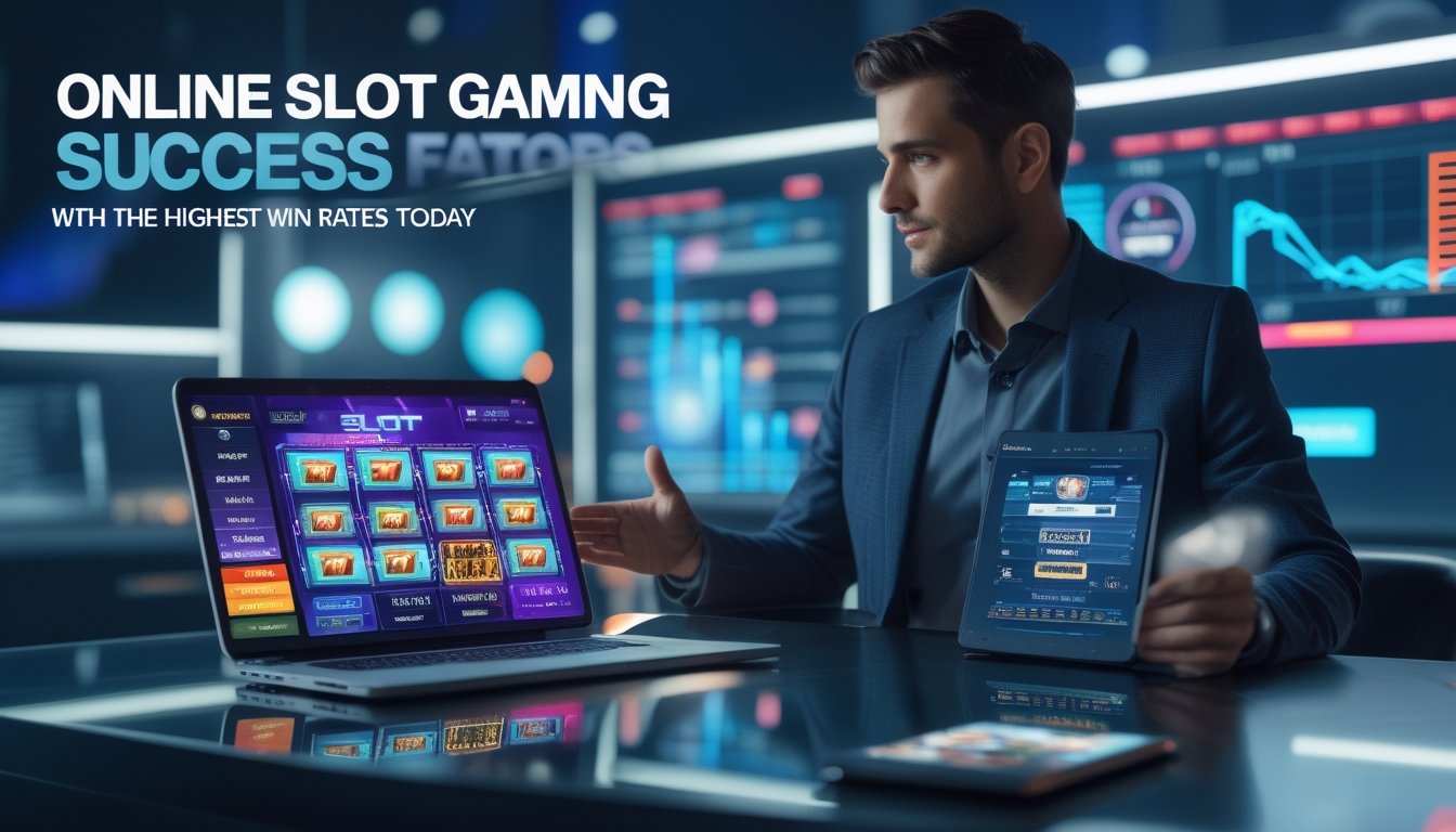 Seorang profesional sedang menganalisis data permainan slot online di meja kerja dengan beberapa perangkat digital dan grafik kemenangan.