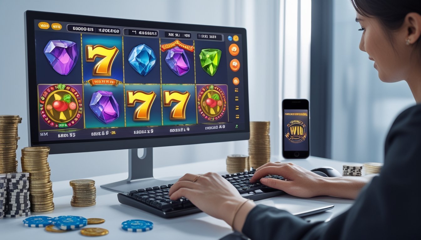 Meja gaming modern dengan monitor menampilkan permainan slot online yang berwarna-warni, tangan orang sedang bermain, dan koin serta chip poker di sekitar meja.