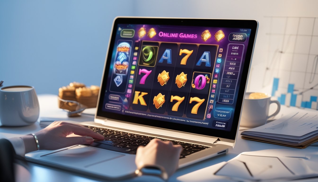 Seorang pengguna sedang melihat layar komputer yang menampilkan permainan slot online dengan simbol berwarna-warni, dikelilingi oleh catatan dan alat tulis di meja kerja.