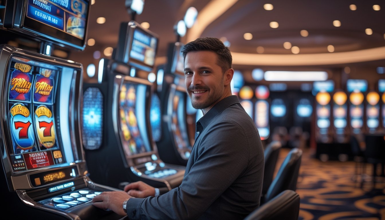 Seorang pemain dewasa sedang menggunakan mesin slot berteknologi tinggi di lantai kasino yang modern dan terang.