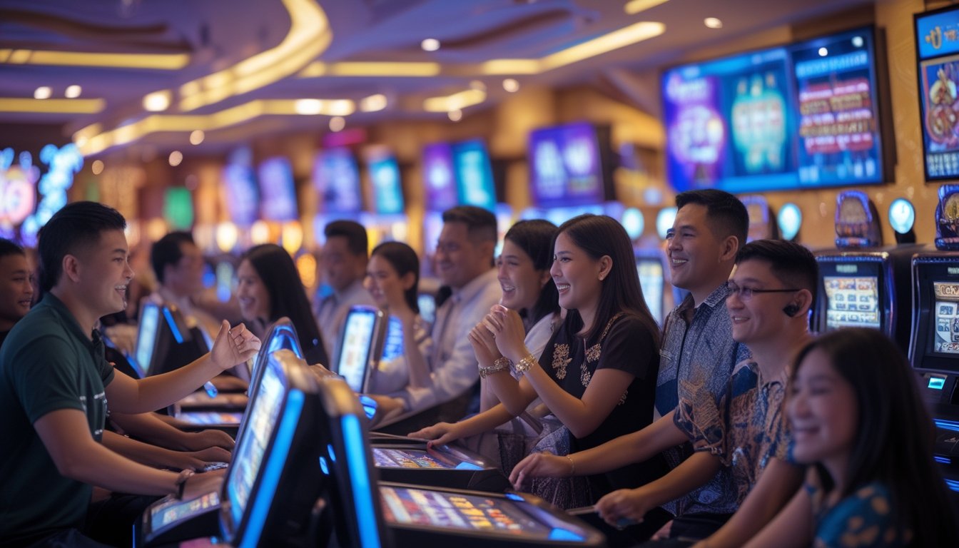 Sekelompok pemain Indonesia yang antusias bermain mesin slot di dalam kasino dengan lampu warna-warni dan layar digital di latar belakang.