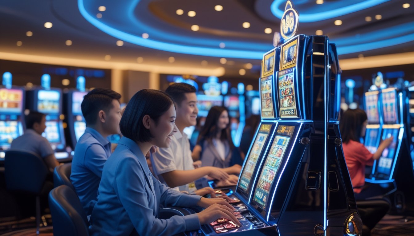 Beberapa pemain Indonesia sedang bermain mesin slot digital di kasino modern dengan latar teknologi canggih.