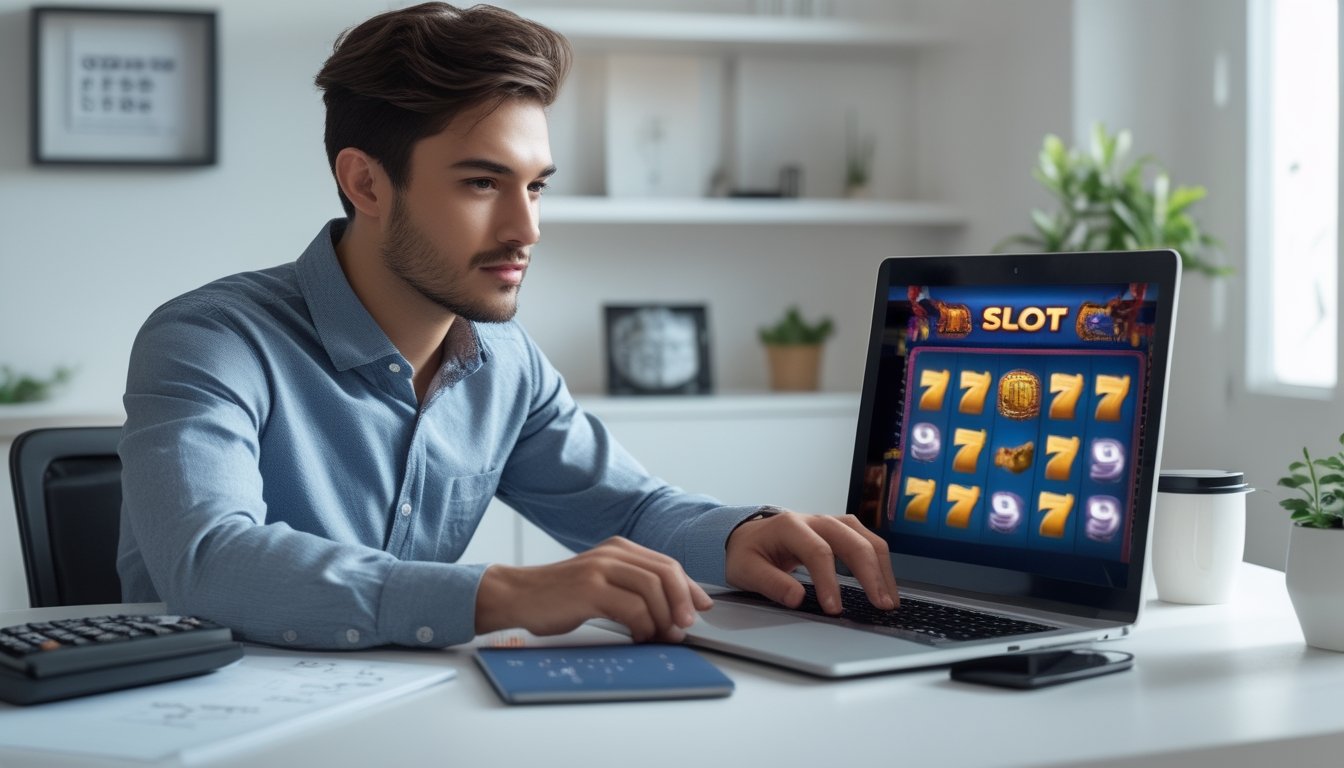 Seorang pria muda duduk di meja dengan laptop, fokus bermain permainan slot online sambil mengelola modalnya.