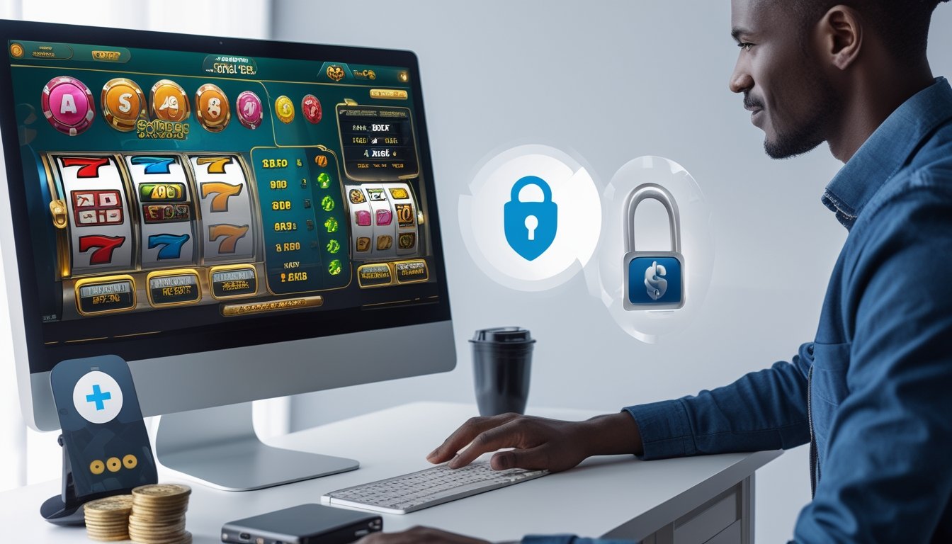 Seseorang menggunakan komputer dengan tampilan permainan slot online, di meja terdapat simbol keamanan dan uang, menggambarkan pengalaman bermain yang aman dan mudah.