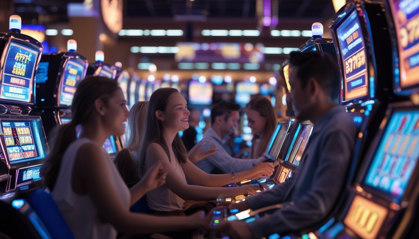 Beberapa pemain sedang bermain mesin slot berwarna-warni di kasino dengan ekspresi fokus dan antusias.