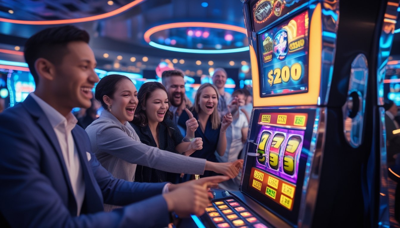 Seorang pemain di kasino modern sedang menekan tombol mesin slot yang berwarna cerah dengan pemain lain yang terlihat senang merayakan kemenangan besar.