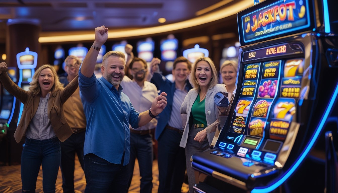 Orang-orang merayakan kemenangan di depan mesin slot di kasino dengan layar menampilkan jackpot progresif yang menyala.