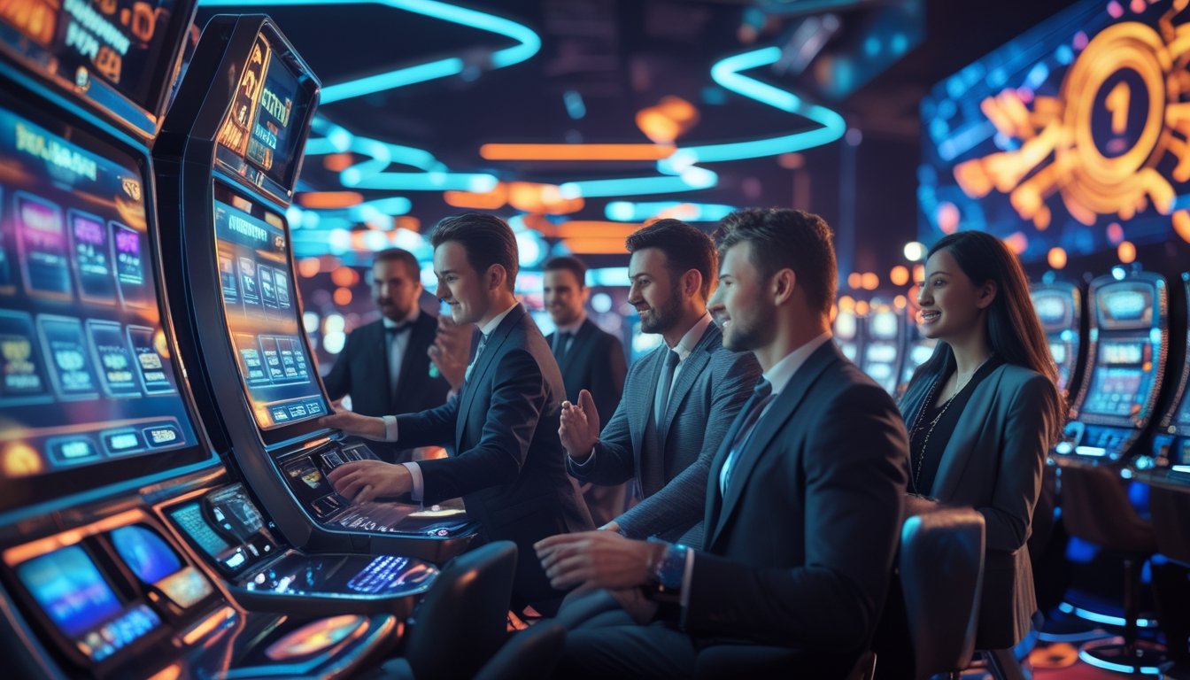 Orang-orang bermain mesin slot modern dengan teknologi canggih di kasino futuristik.