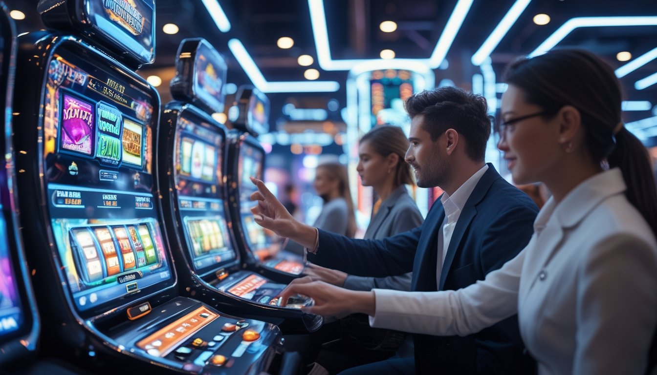 Orang-orang menggunakan mesin slot digital futuristik dengan layar holografik di lingkungan kasino modern yang penuh cahaya neon.
