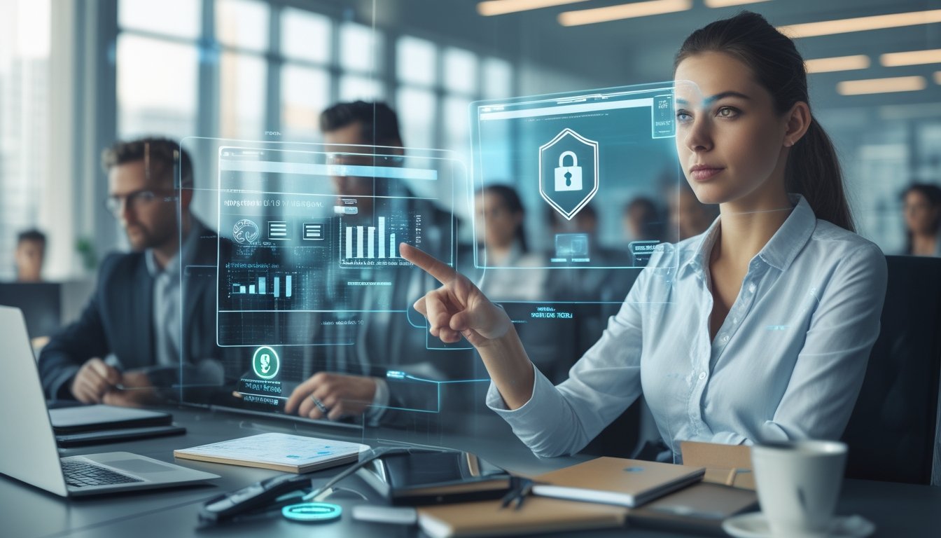 Sekelompok profesional sedang bekerja di kantor modern dengan layar digital yang menampilkan simbol keamanan dan peringatan, fokus pada perlindungan dari situs judi slot penipu.