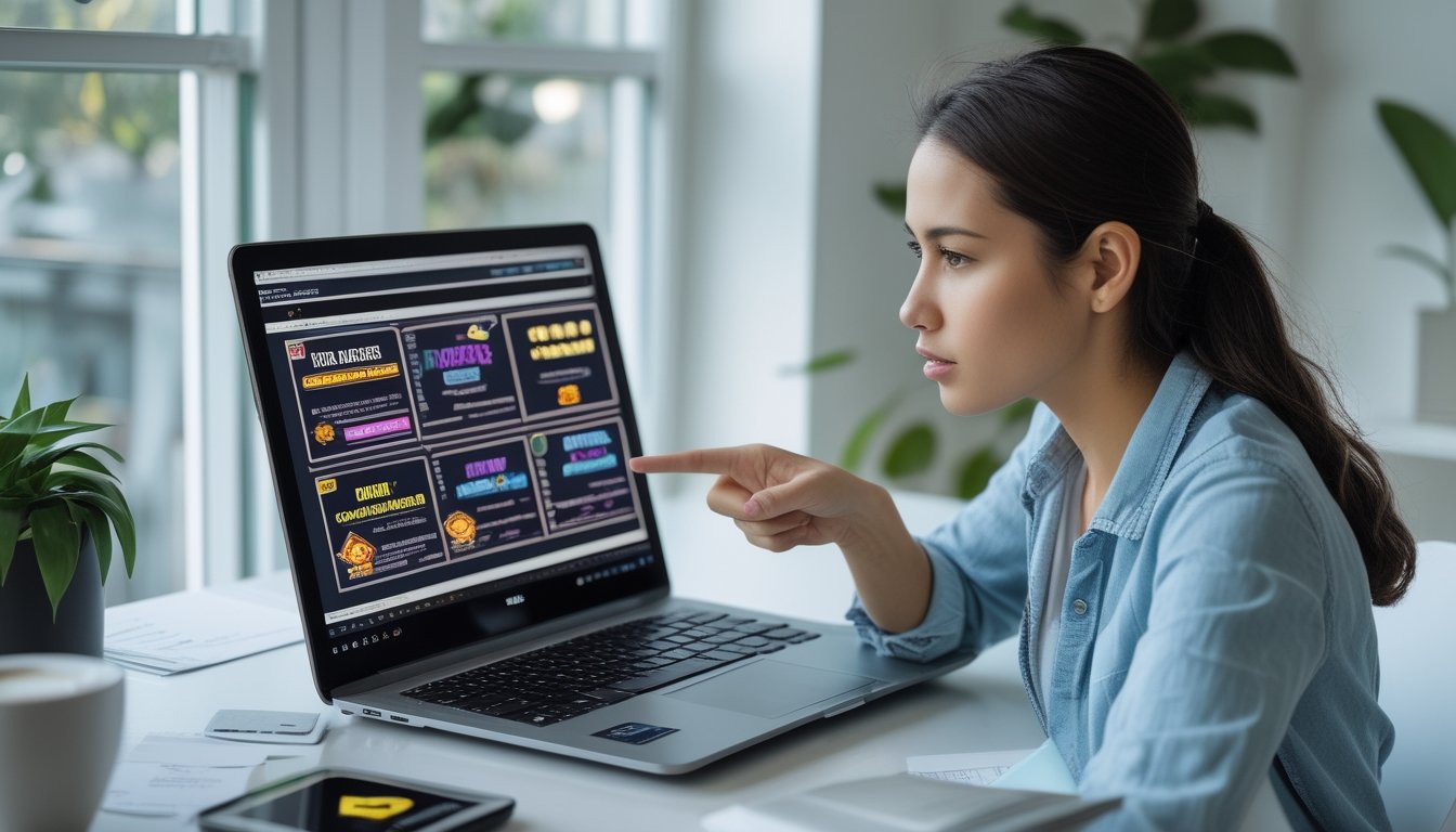 Seorang wanita muda serius duduk di depan laptop di ruang kerja rumah, memperhatikan situs slot online dengan tanda peringatan di layar.