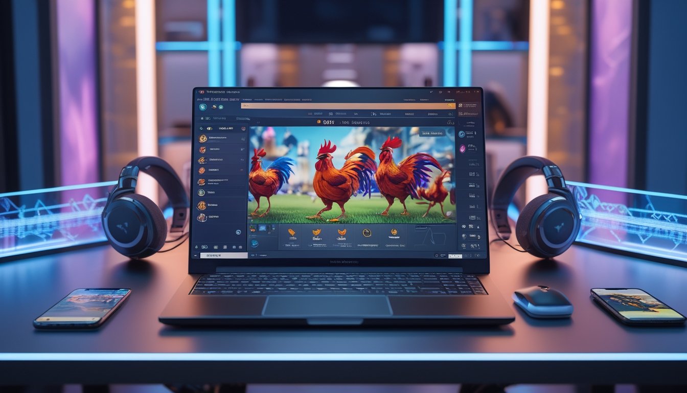Seorang pengguna duduk di depan laptop dengan tampilan permainan sabung ayam online, dikelilingi aksesori gaming di meja kerja modern.