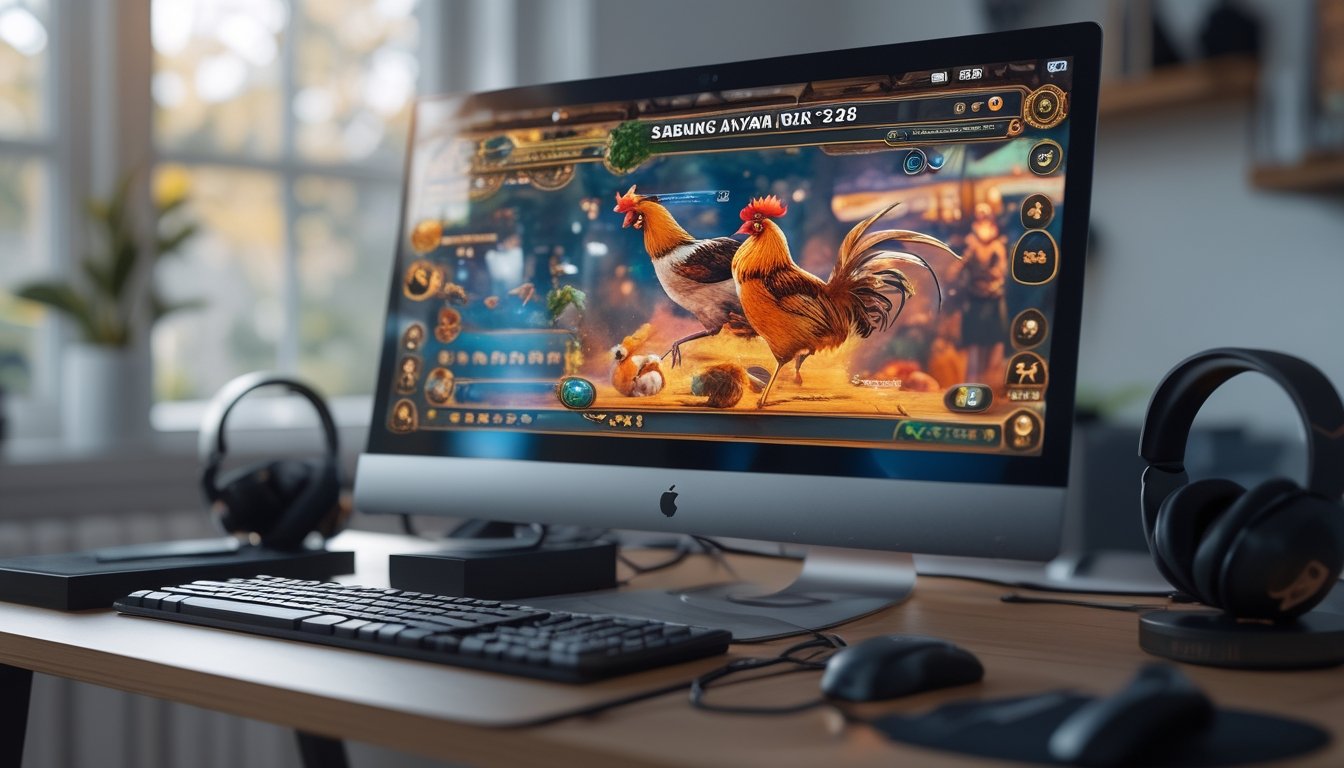 Seseorang bermain permainan Sabung Ayam S128 online di depan komputer dengan layar menampilkan animasi ayam aduan.