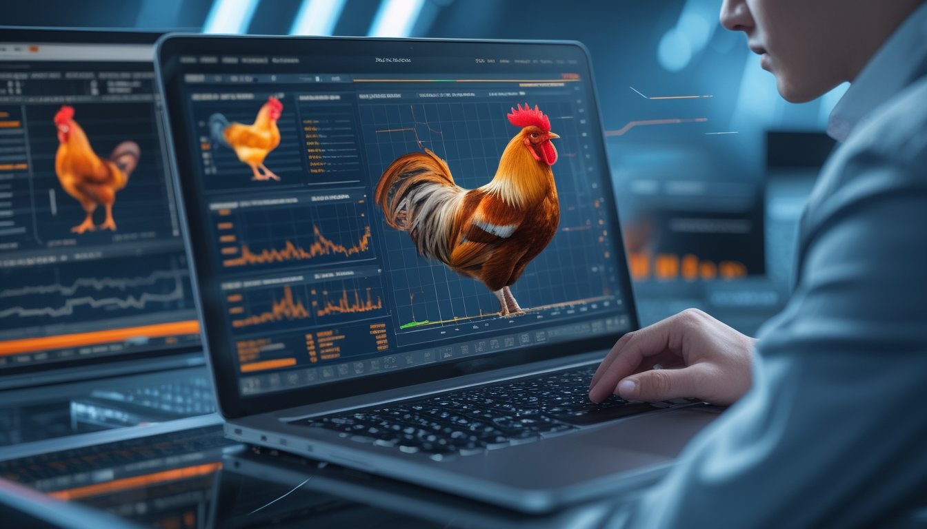 Seseorang sedang menganalisis data performa ayam petarung di layar komputer dengan grafik dan diagram di lingkungan teknologi modern.