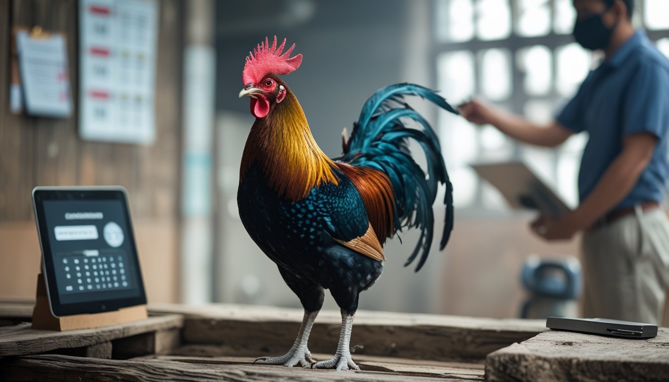 Seekor ayam petarung berdiri di atas panggung kayu dengan seseorang yang sedang menganalisis data di latar belakang.