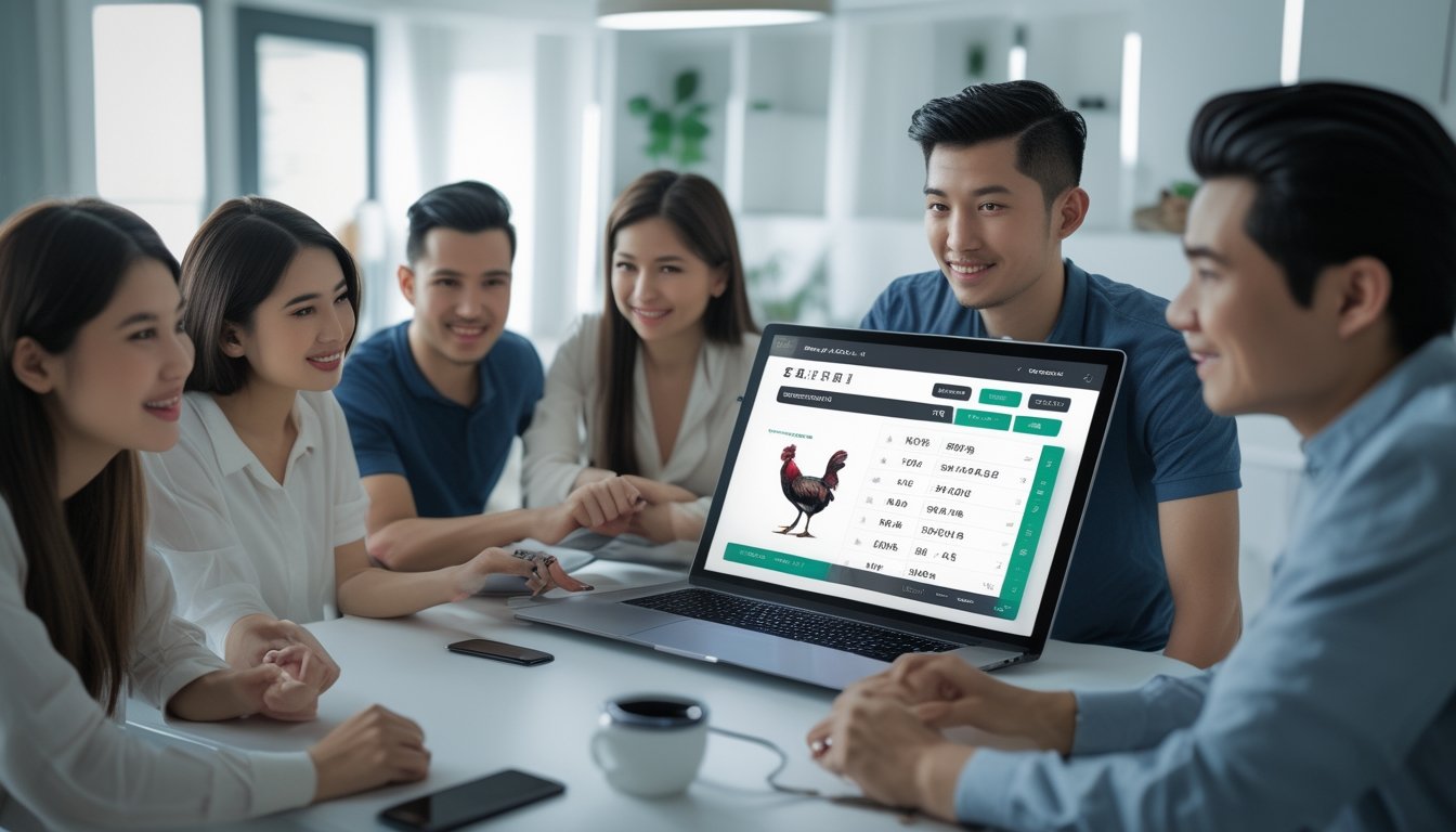 Beberapa orang muda sedang menggunakan perangkat digital untuk taruhan sabung ayam dengan latar ruangan modern yang terang.