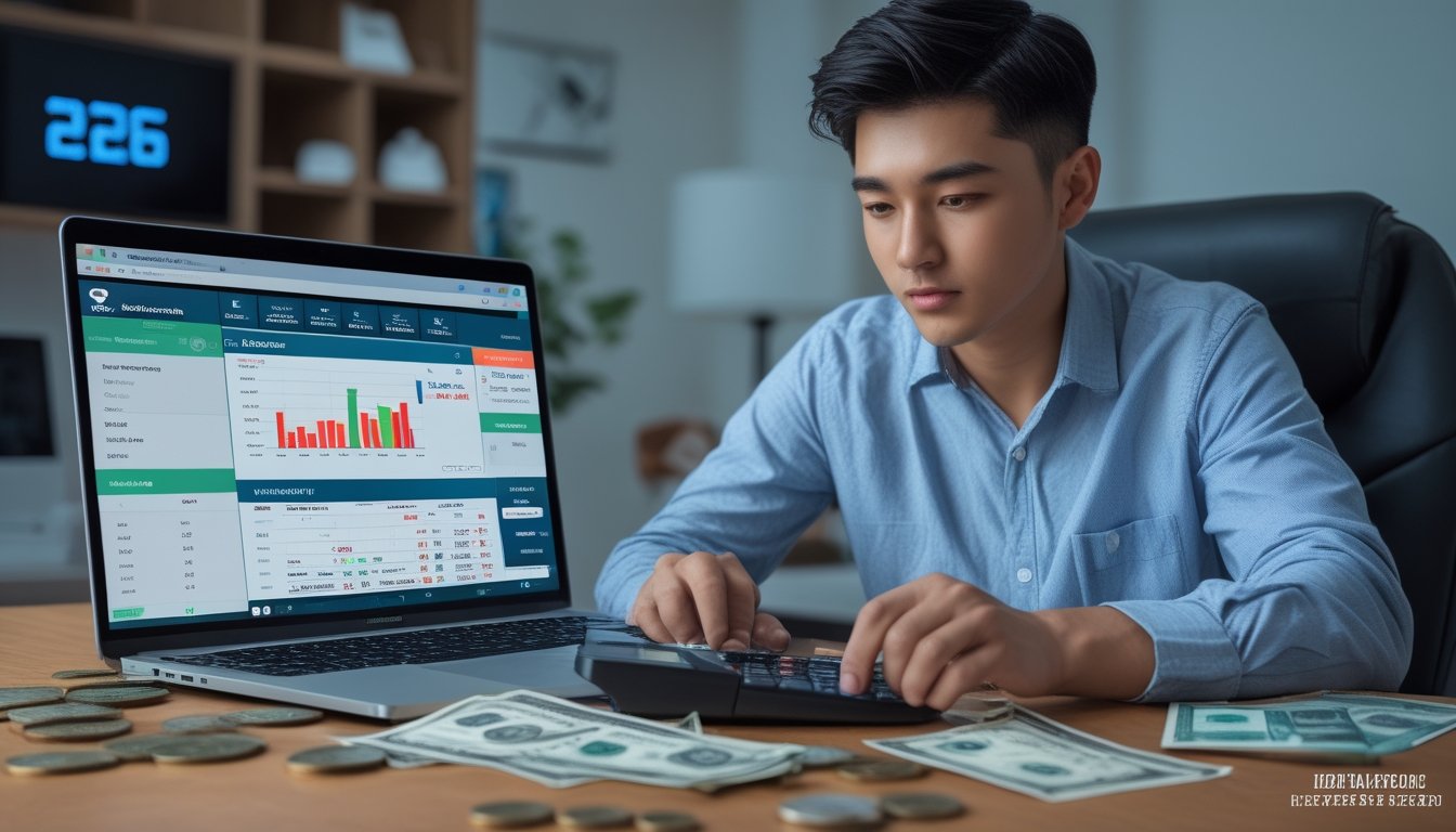 Seorang pria muda fokus mengatur keuangan sambil menggunakan laptop untuk bertaruh sabung ayam online di ruang kerja modern.