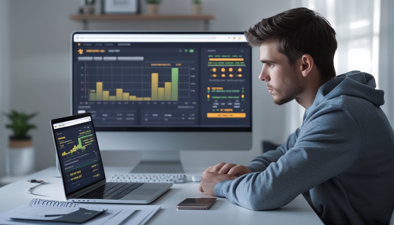 Seorang pria muda duduk di meja dengan laptop dan ponsel yang menampilkan grafik taruhan, di ruang kerja rumah yang rapi.