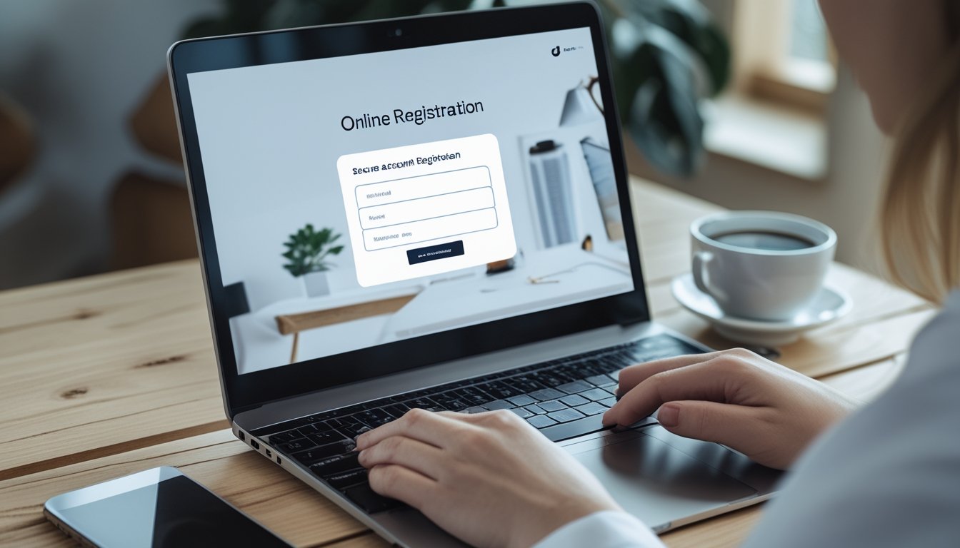 Seseorang sedang menggunakan laptop di meja kerja untuk mendaftar akun secara online dengan suasana yang terang dan rapi.