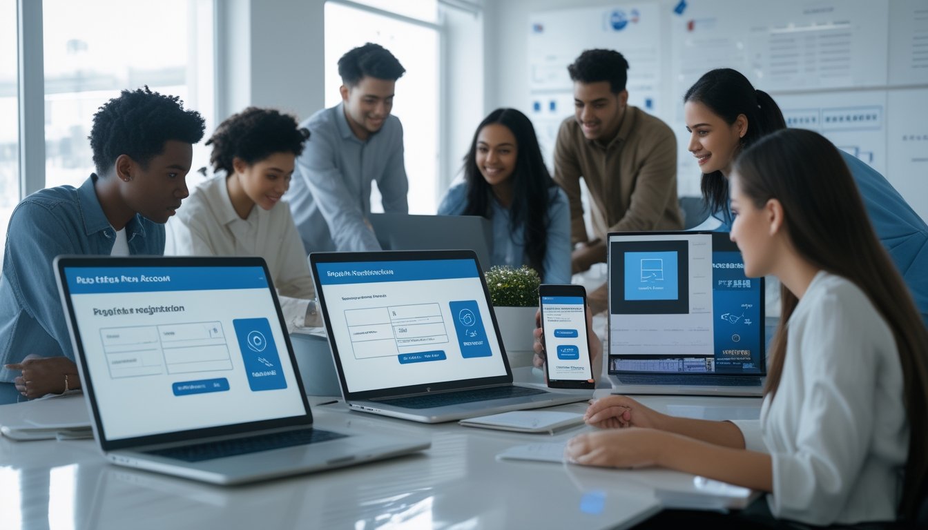 Sekelompok orang muda sedang menggunakan perangkat digital di ruang kantor modern untuk mendaftar akun secara online.