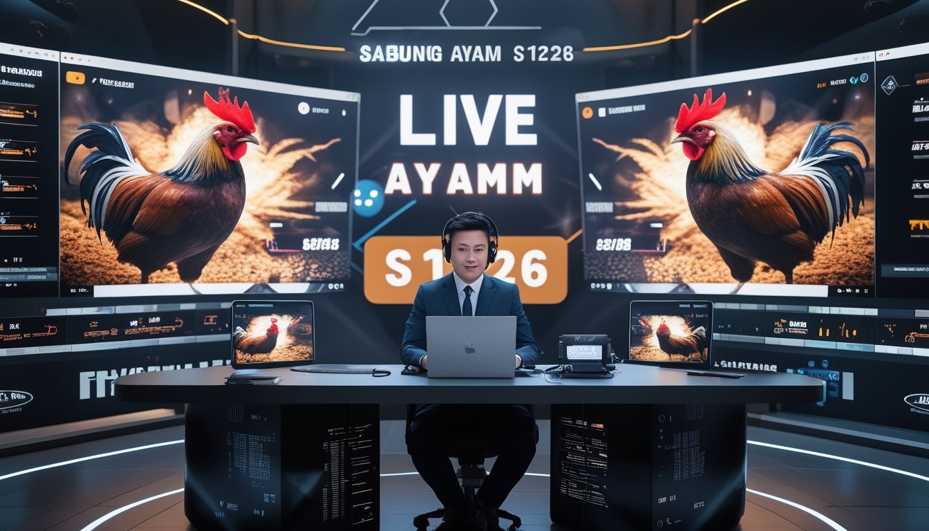 Seorang pria sedang melakukan siaran langsung dengan peralatan streaming modern menampilkan gambar ayam aduan di layar komputer.