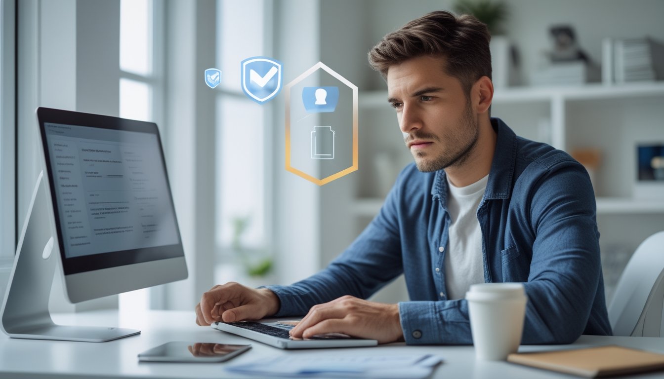 Seorang pria muda serius duduk di meja dengan laptop, meninjau informasi online dengan hati-hati di sebuah ruang kerja rumah yang terang.
