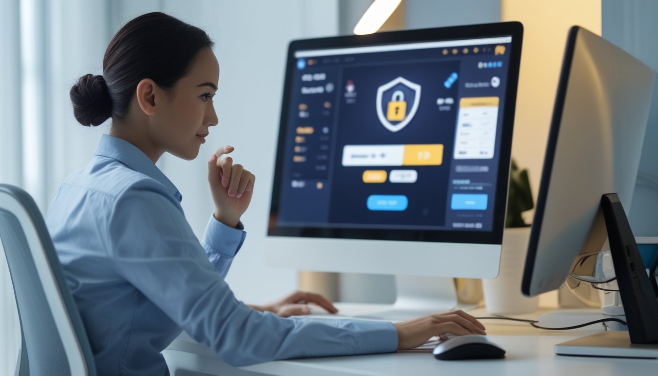 Seorang agen profesional sedang bekerja di depan komputer di ruang kantor yang terang dan rapi, menunjukkan suasana online yang aman dan terpercaya.