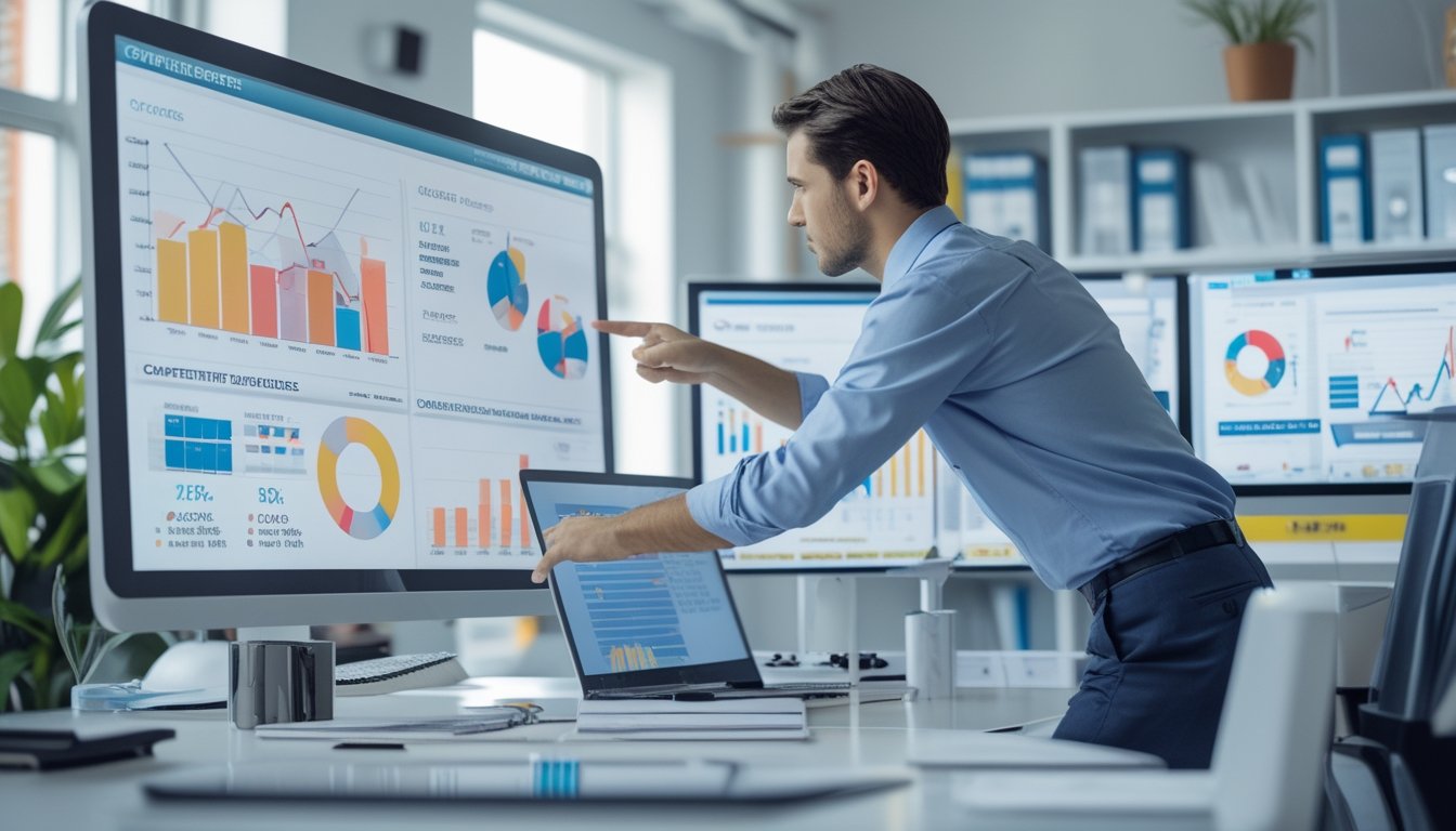Seorang analis data sedang bekerja di depan komputer dengan grafik dan diagram statistik di layar di sebuah kantor yang terang dan terorganisir.