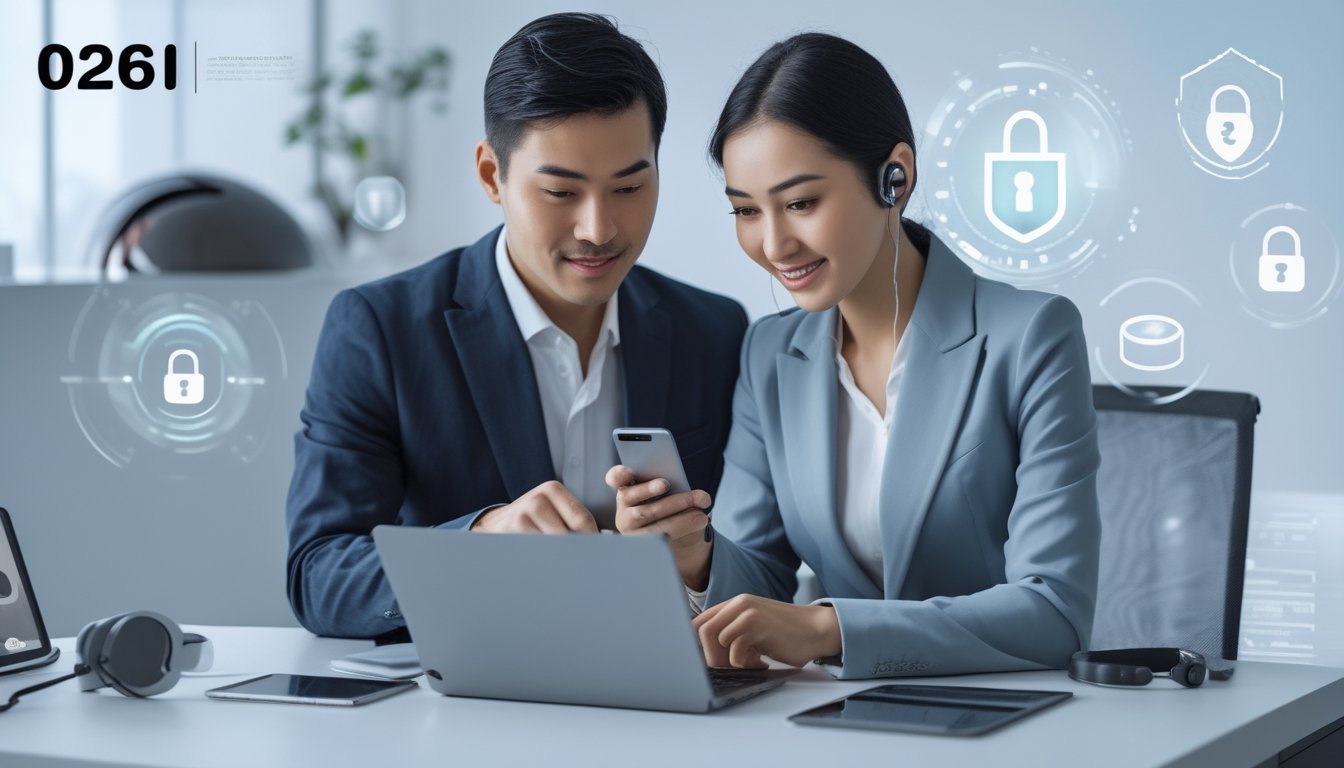 Seorang pria dan wanita sedang melakukan transaksi online di kantor modern dengan simbol keamanan digital di latar belakang.