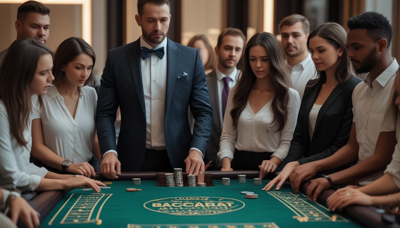 Seorang dealer dan beberapa pemula bermain baccarat di meja kasino dengan suasana yang fokus dan ramah.