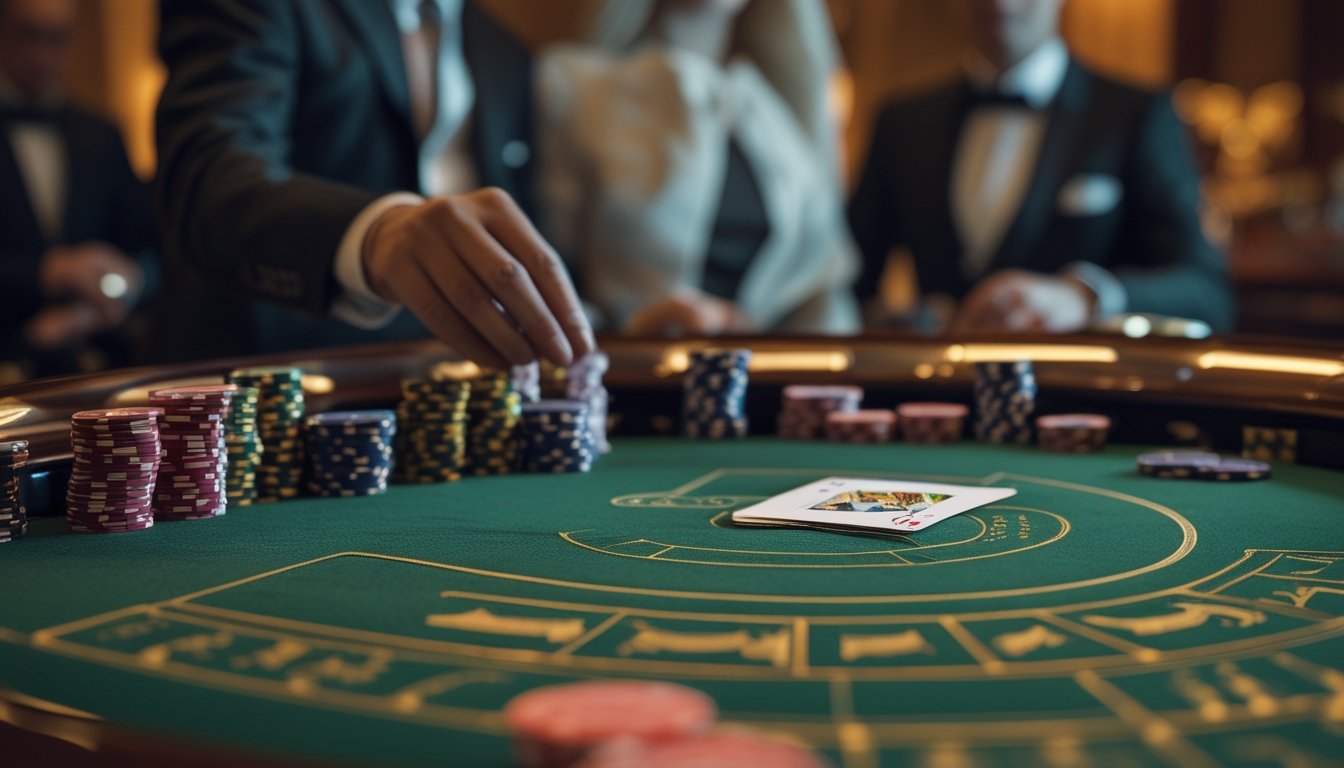 Meja permainan baccarat klasik dengan kartu dan tumpukan chip di kasino mewah, dikelilingi pemain dan dealer yang fokus pada permainan.
