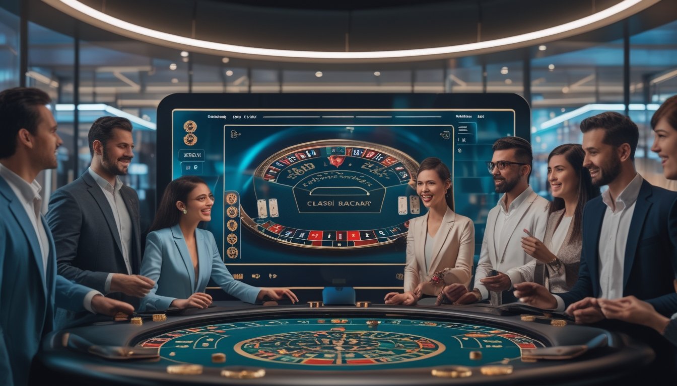 Orang-orang bermain baccarat klasik di kasino online dengan layar digital dan suasana futuristik.