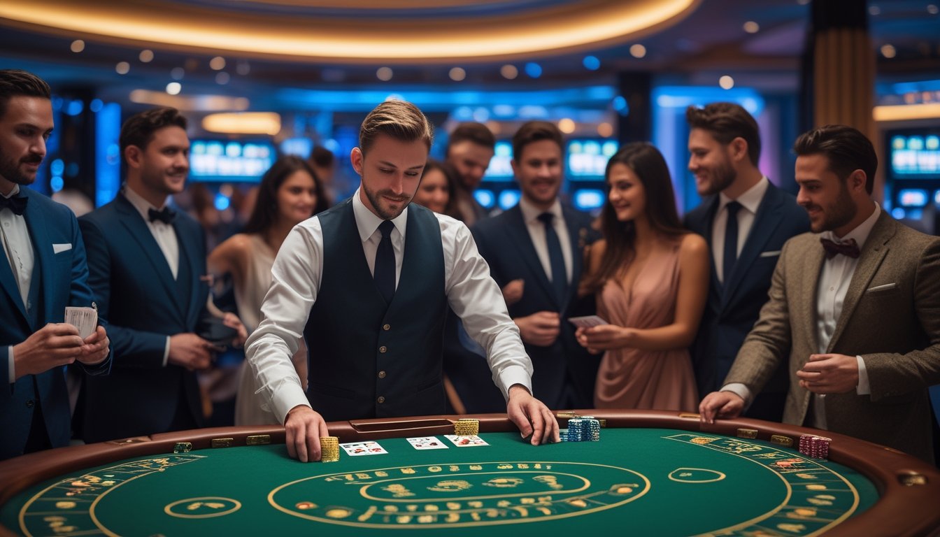 Seorang dealer dan beberapa pemain yang berpakaian rapi sedang bermain baccarat di meja kasino dengan latar belakang interior kasino yang mewah.