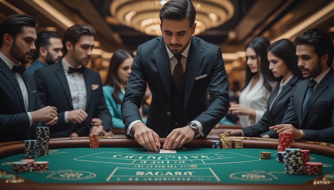 Seorang dealer dan pemain di meja baccarat klasik di kasino dengan suasana mewah dan fokus pada permainan kartu.