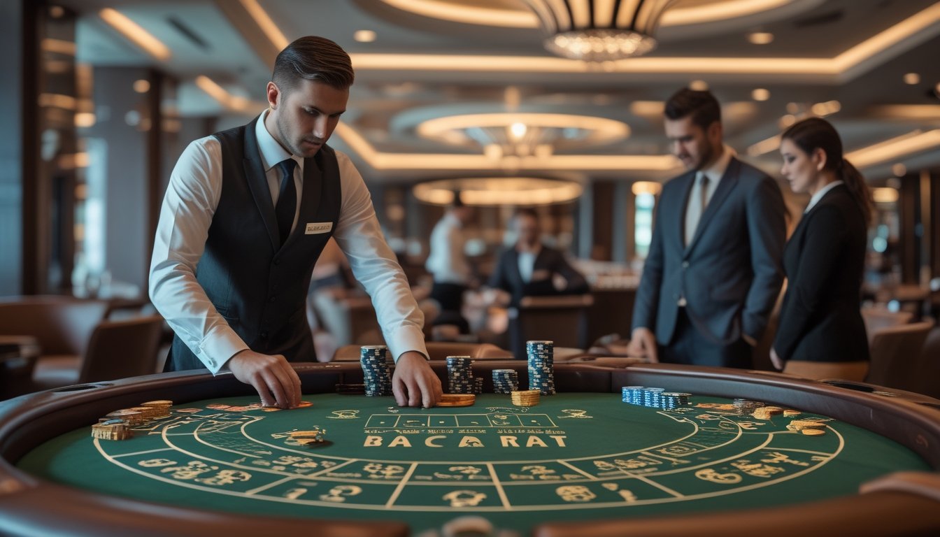 Seorang dealer di meja Baccarat dengan kartu dan chip, dikelilingi oleh pemain yang fokus di dalam kasino mewah.
