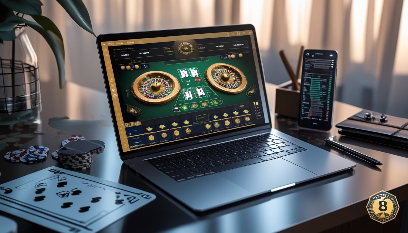 Seorang pemain menggunakan laptop untuk bermain baccarat klasik di kasino online dengan alat tulis dan ponsel yang menampilkan grafik di meja yang rapi.