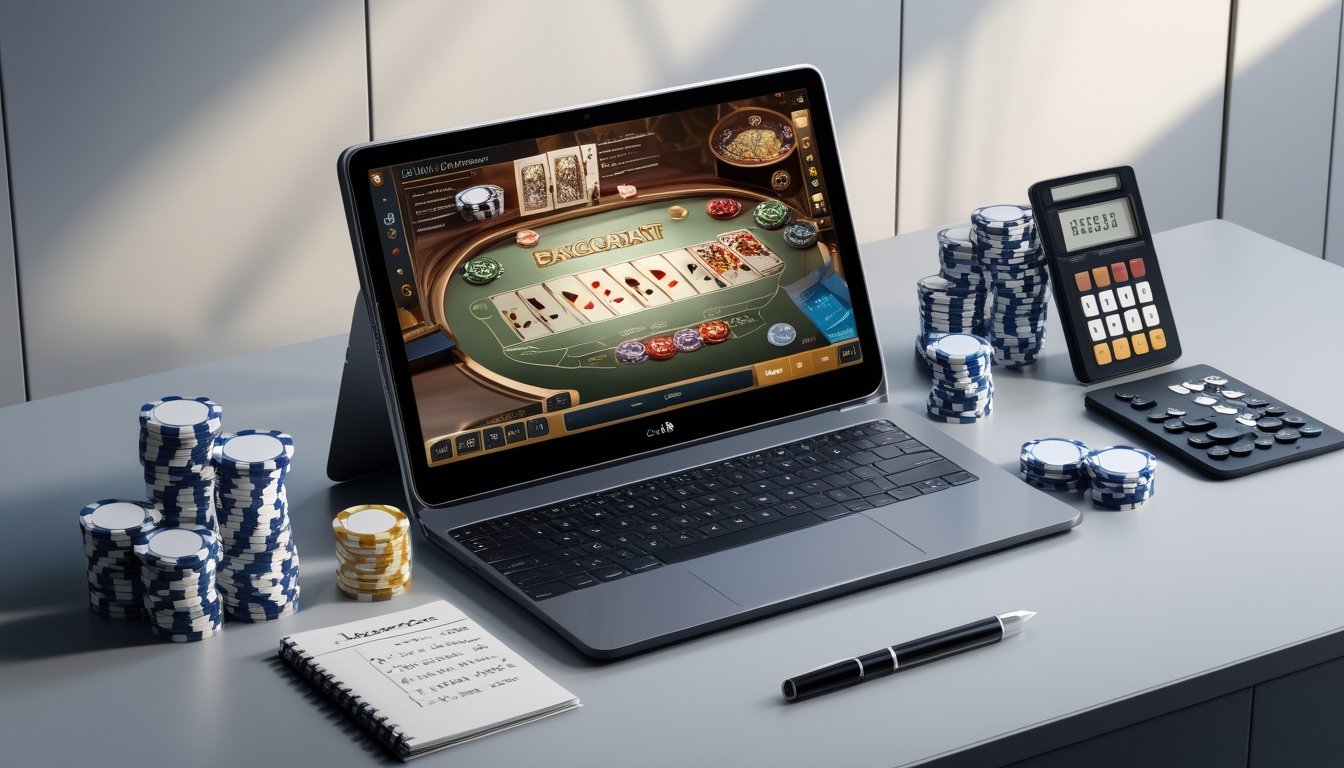 Seorang pemain sedang menggunakan komputer dengan tampilan permainan baccarat klasik dan alat-alat strategi pengelolaan modal di sekitarnya.