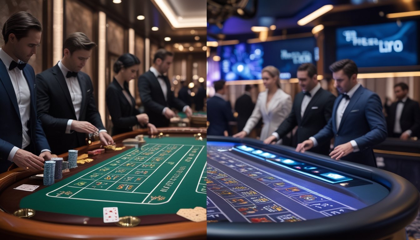 Dua meja baccarat berdampingan di kasino, satu bergaya klasik dengan kartu tradisional dan satu bergaya modern dengan layar digital, dikelilingi pemain dan dealer.