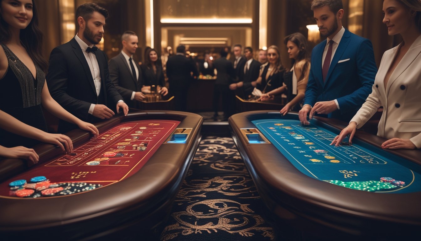 Meja Baccarat klasik dan modern di kasino dengan pemain berpakaian formal, menunjukkan perbedaan antara gaya permainan lama dan baru.