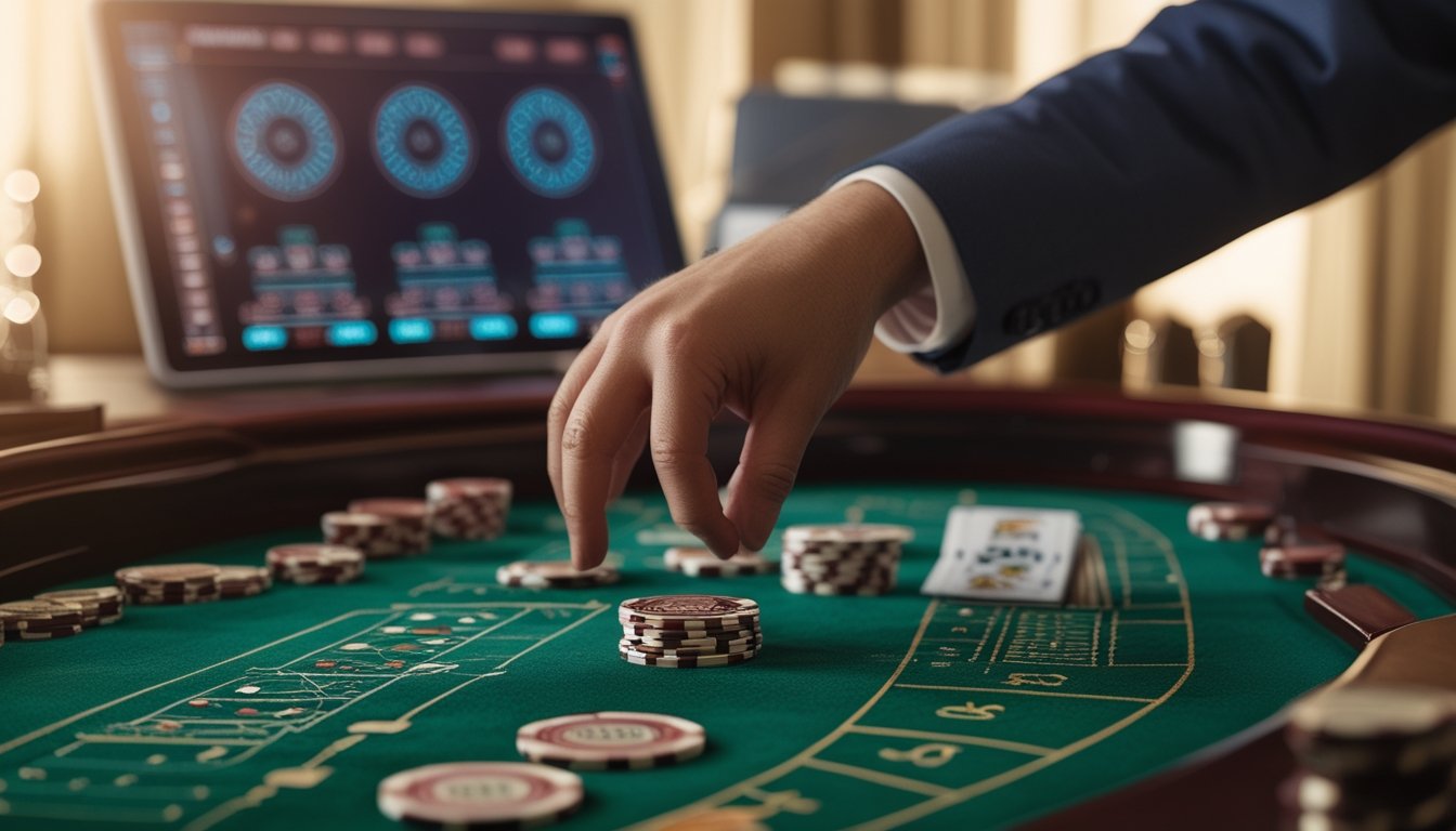 Meja permainan baccarat klasik dengan kartu dan chip, tangan sedang menaruh chip, serta layar yang menampilkan pola permainan di latar belakang.
