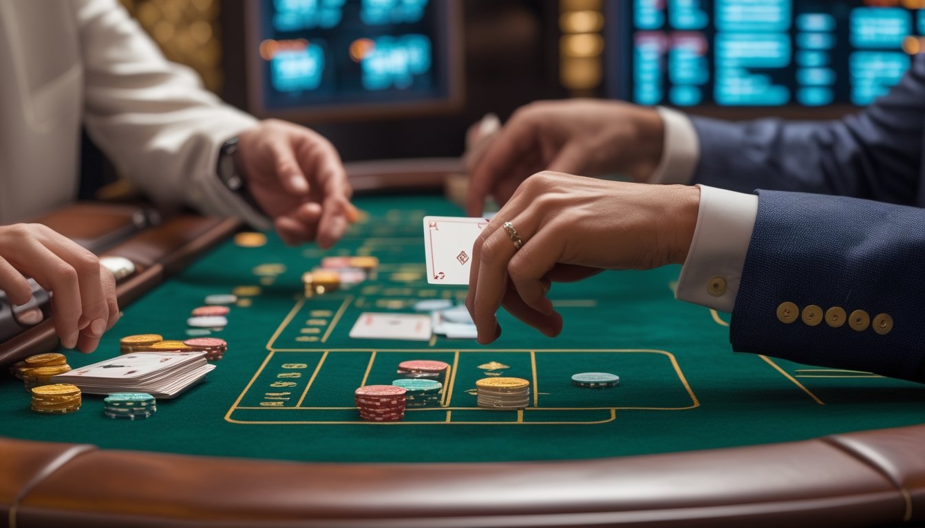 Meja baccarat klasik dengan kartu dan chip, dua tangan sedang bermain di kasino modern.