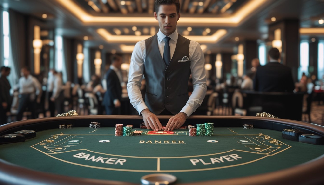 Seorang dealer di meja Baccarat dengan kartu dan chip, dikelilingi oleh pemain di suasana kasino yang mewah.