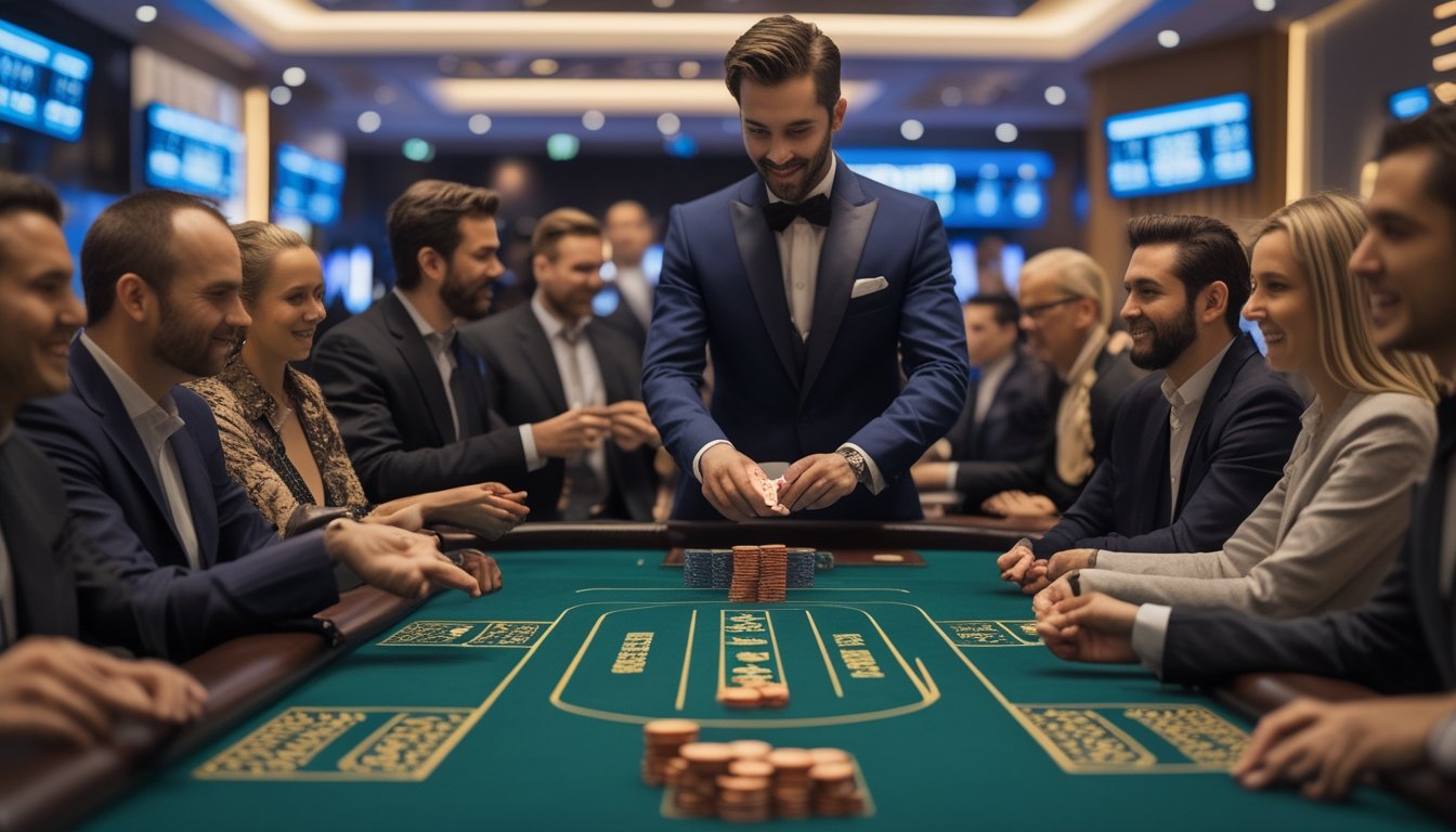 Seorang dealer dan beberapa pemain sedang bermain baccarat klasik di meja kasino dengan suasana mewah dan pencahayaan hangat.