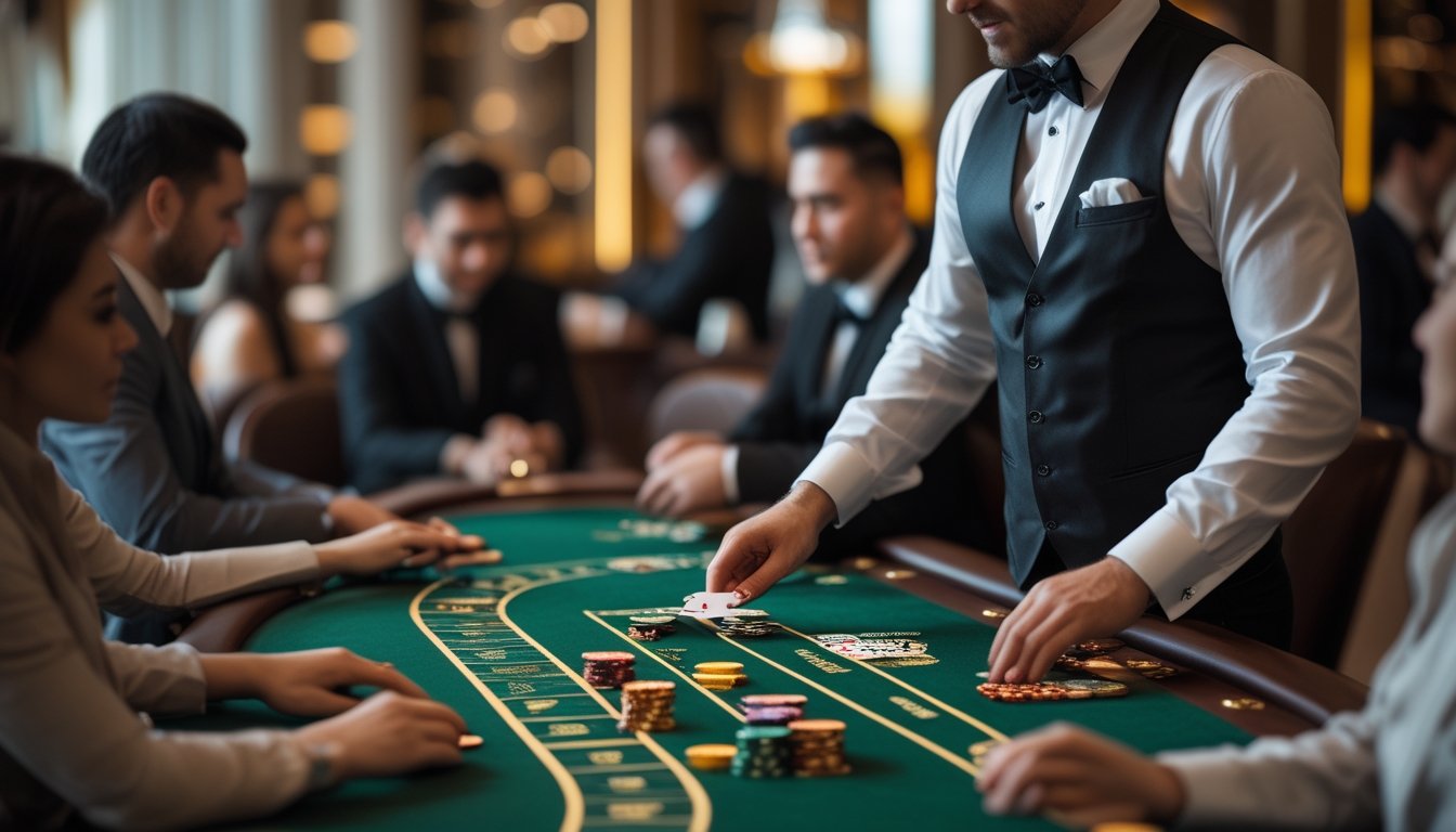 Seorang dealer dan beberapa pemain duduk di meja baccarat dengan kartu dan chip di kasino yang mewah.