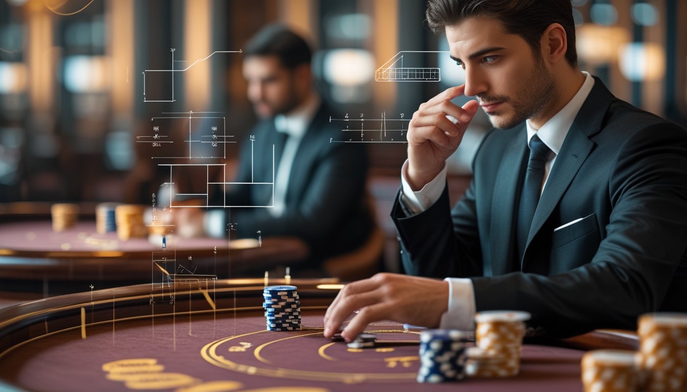 Seorang pria berpakaian rapi sedang duduk di meja Baccarat dengan chip dan kartu, tampak fokus menganalisis strategi dalam suasana kasino mewah.